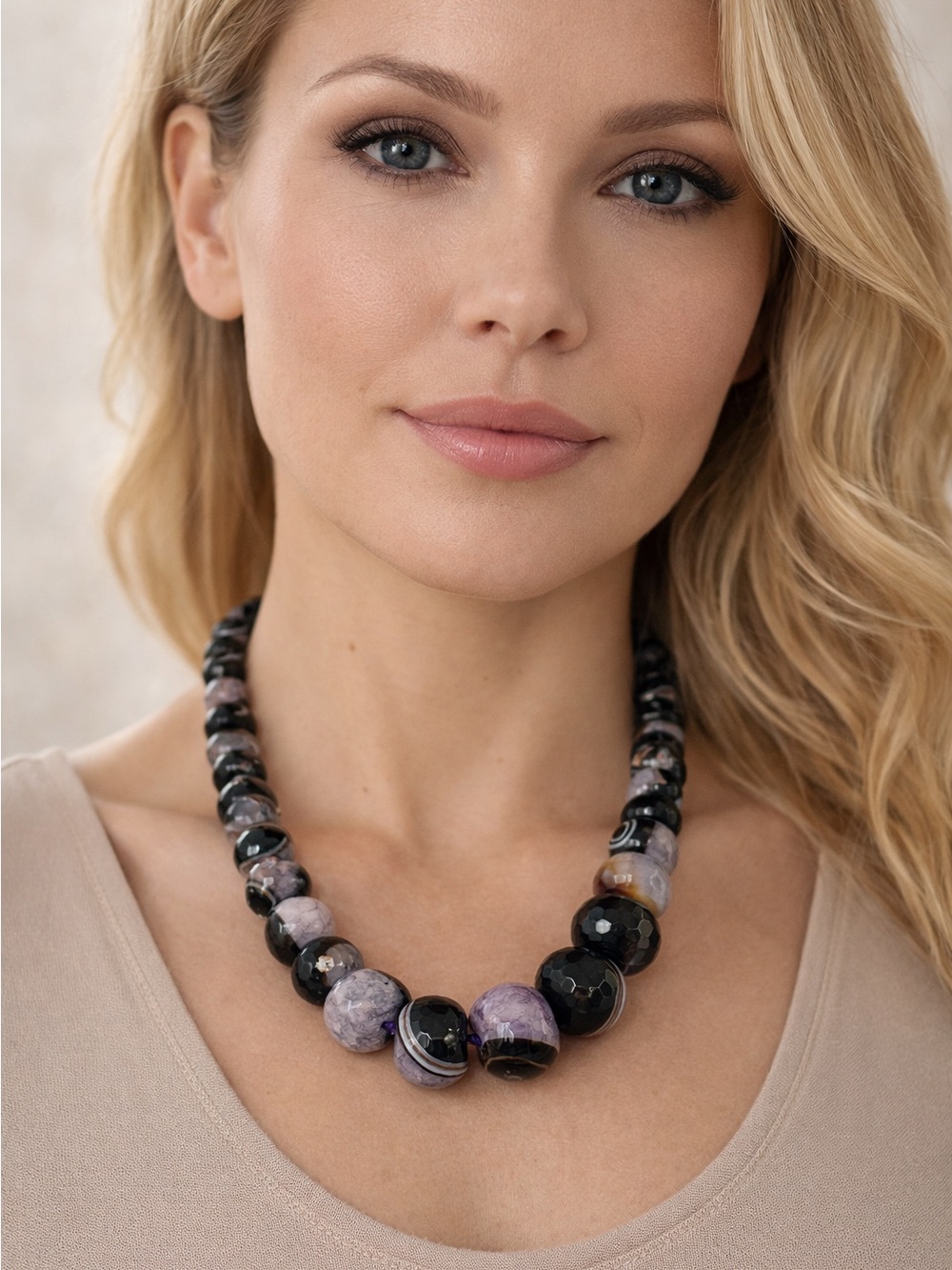 Elegant Purple and Black Beaded Statement Necklace